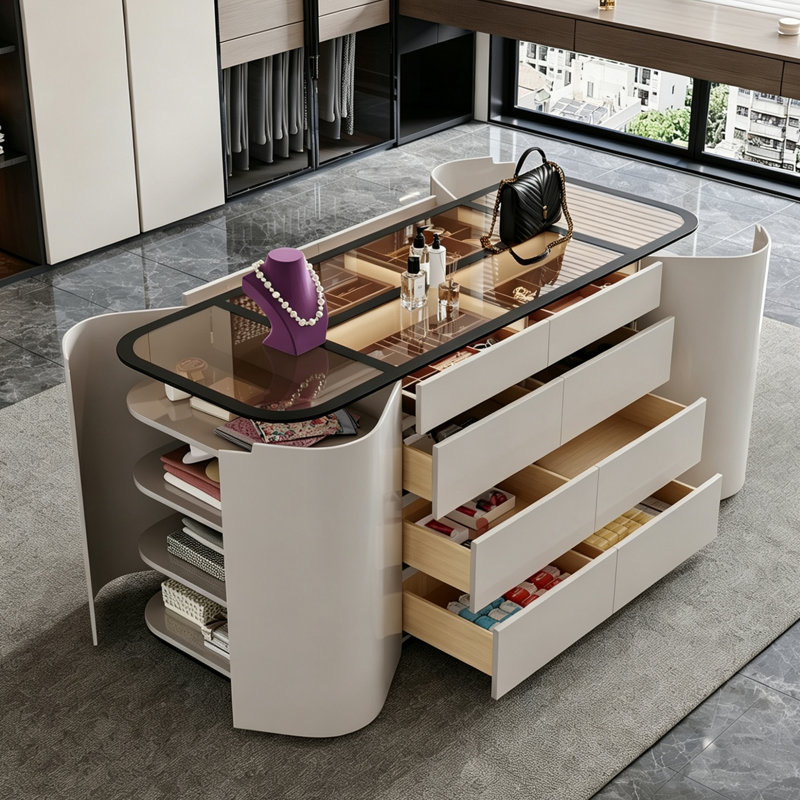 Vitrine à bijoux de luxe pour îlot de maison avec plateau en verre, plusieurs tiroirs de rangement et compartiments latéraux