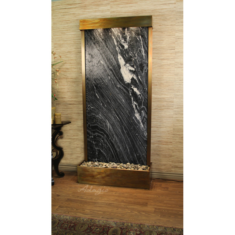 Tranquil River Acrylic Weather Resistant Floor Fountain with Light, Black Spider Marble, Rustic Copper