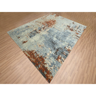 8'1"x10'2" Pewter Gray with Beige, Persian Knot, Abstract with Galaxy Design, 100% Wool, Hand Knotted, Densely Woven, Oriental Rug
