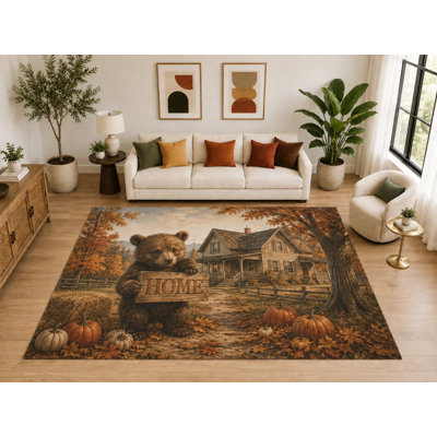 Grand tapis d'automne à motif d'oursons de 6 pi 7 po x 9 pi 10 po «Ultra Thin», tapis d'intérieur doux à poils courts, envers en silicone antidérapant pour chambre d'enfant brun