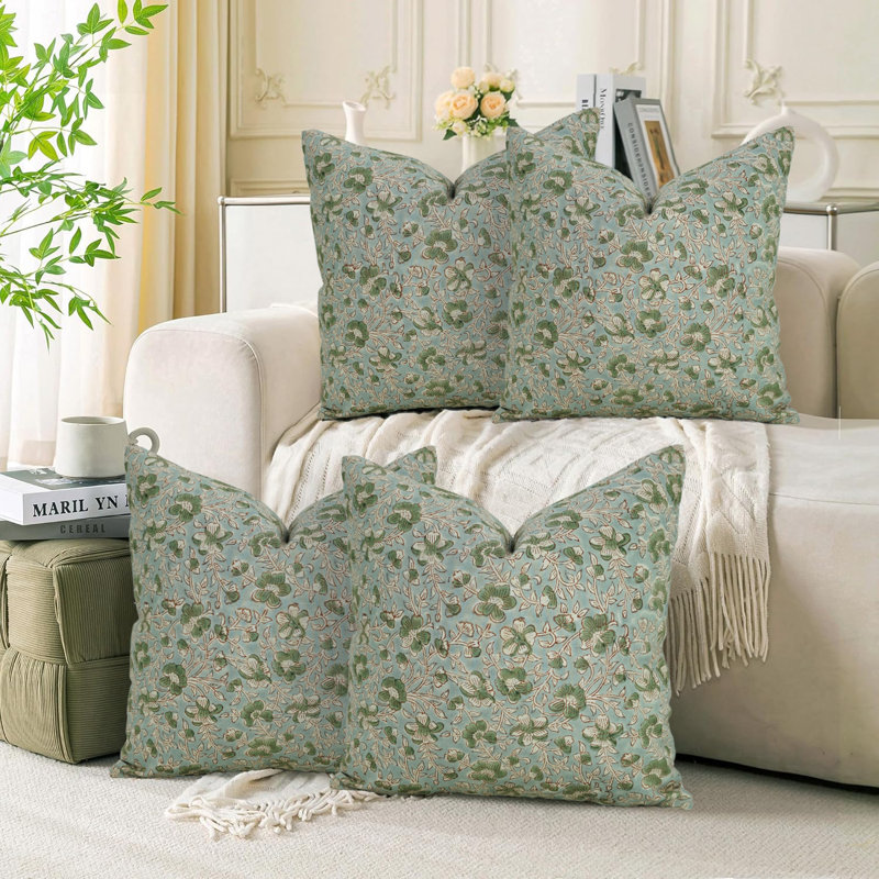 Taie d'oreiller décorative faite à la main à motif de blocs Fab Fabine, satin de coton, Square, 24"H x 24"W, Gray Floral