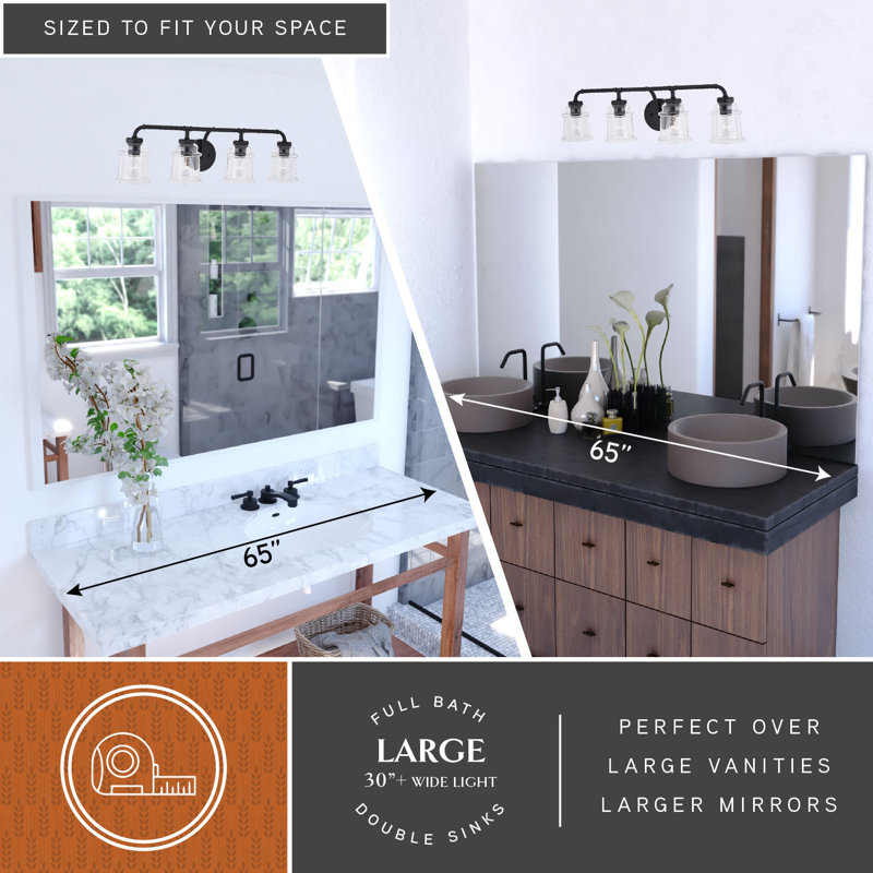 Akini 4-Light 30.5 inch Wide Matte Black Industrial Bathroom Vanity Lighting Fixture, Clear Glass Shade, Dimmable, LED Compatible, Over the Mirror Mounted Steel Wall Sconce