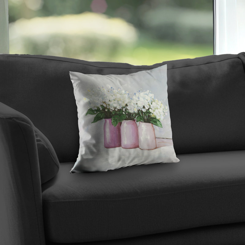 Hydrangea Flowers in Pink Vases - Still Life Throw Pillow