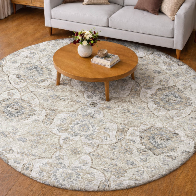 Premium Machine Washable Dream Shag ADS95 Ornate Rug, Linen, 8' Round