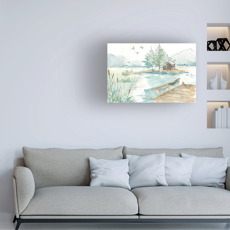 «Lakehouse II» par Anne Tavoletti - peinture sur toile tendue, H 16 po x l 24 po x P 2 po