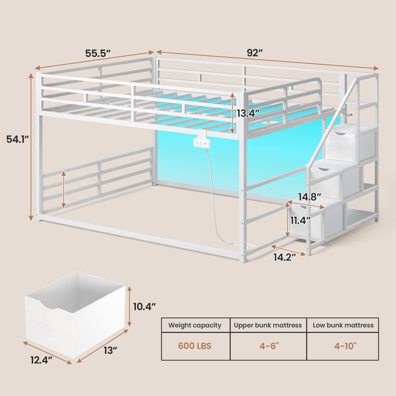 Twin Over Twin Low Bunk Bed With Storage Staircase, Drawers And Shelves, Led Lights, Power Outlet, Full-length Guardrail, For Small Space