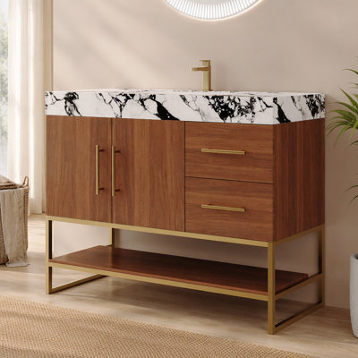 Meuble-lavabo autoportant moderne 36 po avec lavabo en céramique sans soudure et plateau en pierre frittée