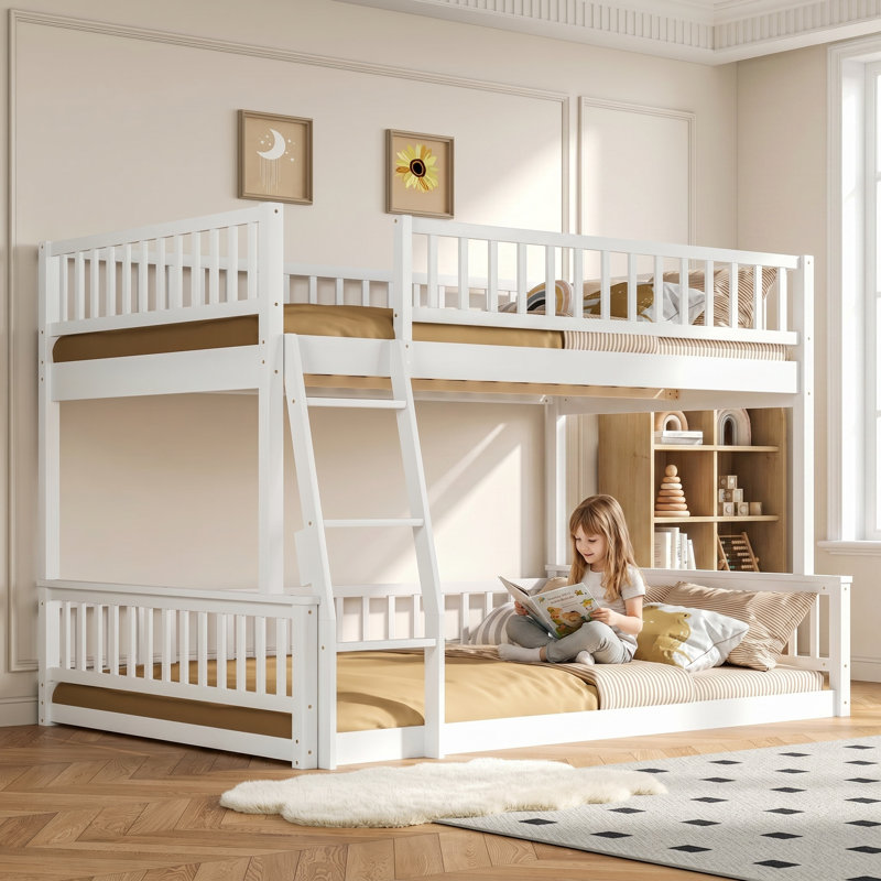 Ensemble de lit superposé convertible en noyer double au-dessus de grand lit avec échelle et garde-corps - conception en bois massif 2-en-1 peu encombrant