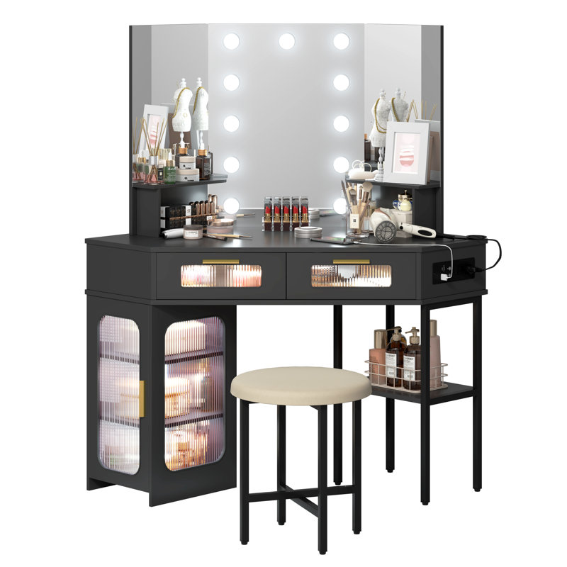 Corner Dressing Table with Motion Sensor 3-colour lighting, Charging Socket, Storage Drawers and Sto, Black
