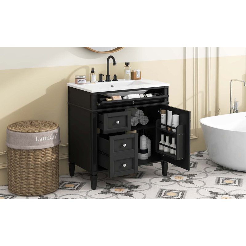 Meuble-lavabo de 30 po avec lavabo supérieur, meuble-lavabo moderne avec 2 tiroirs et tiroir escamotable, meuble-lavabo simple
