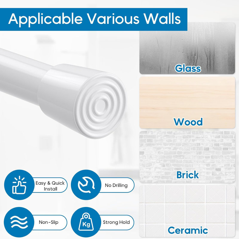 68-100 Cm Shower Curtain Rod, Spring Rod Extendable Curtain Pole, No Drill ,Tension, White