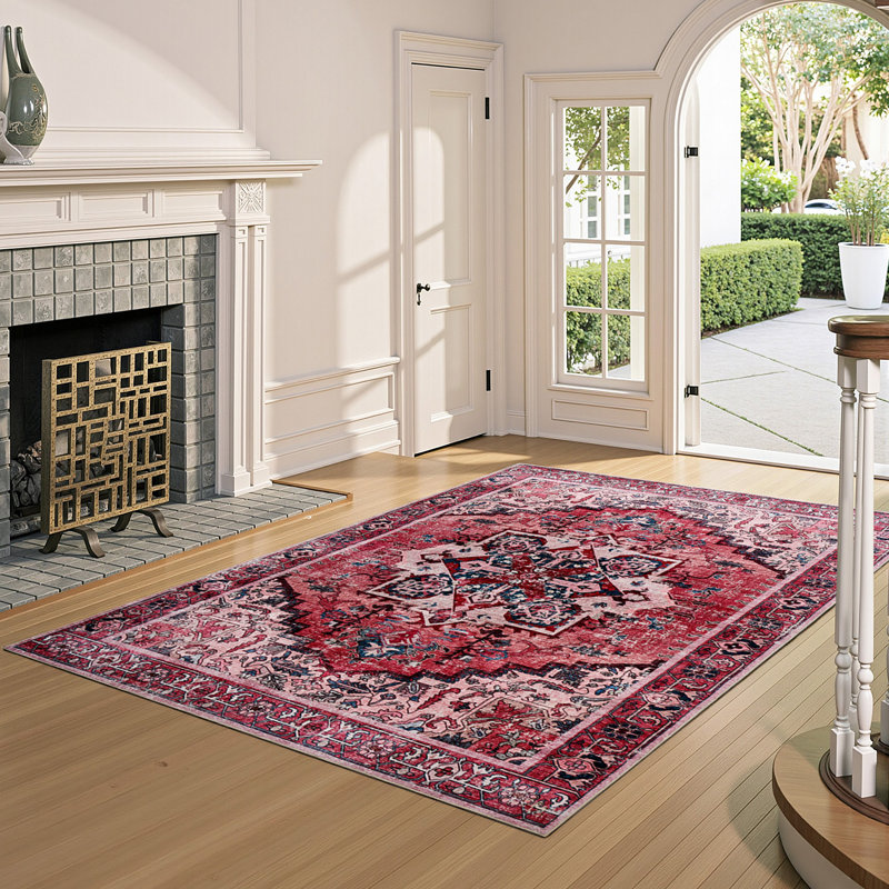 Traditional Machine Washable Area Rug with Non-Slip Backing,Red , Rectangle 5' x 8'