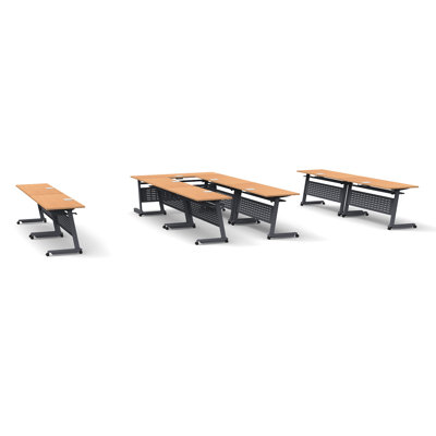 Tables Training Meeting Seminar Classroom 9Pc Beech Folding Industrial Caster Z-Base. Tables Connect.  Modesty Panel, Shelf, Power+Usb Outlet. Fold+Nest For Storage (Seating Not Included).