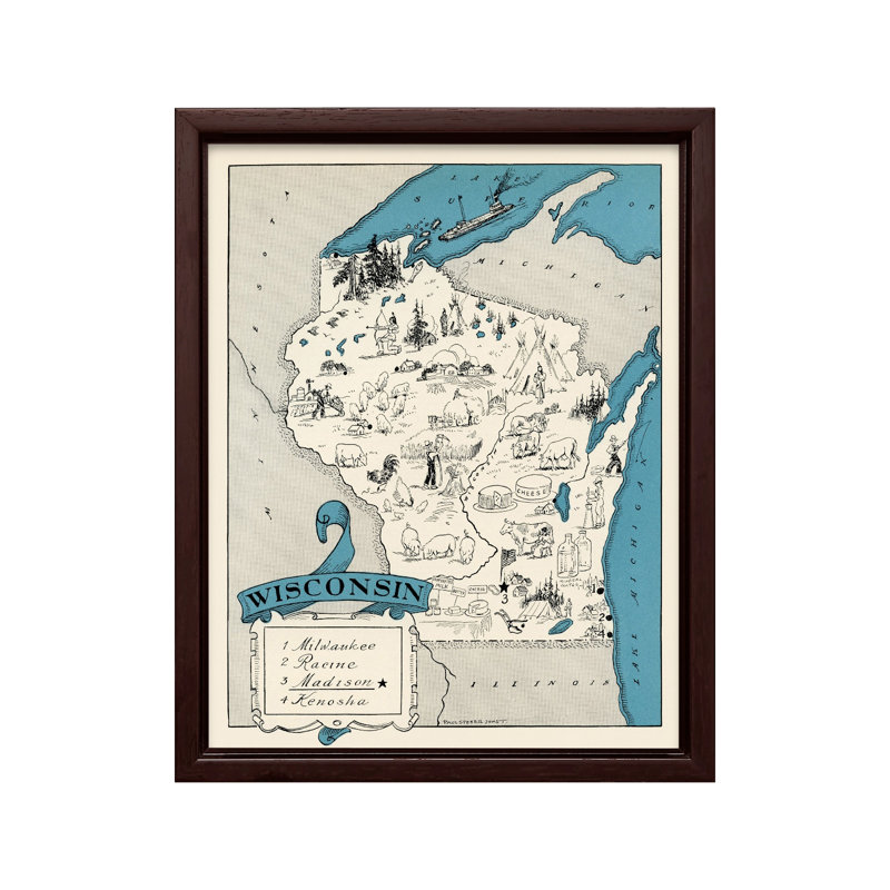 Carte illustrée du Wisconsin, Canevas, H 18 po x l 24 po, Encadrement brun