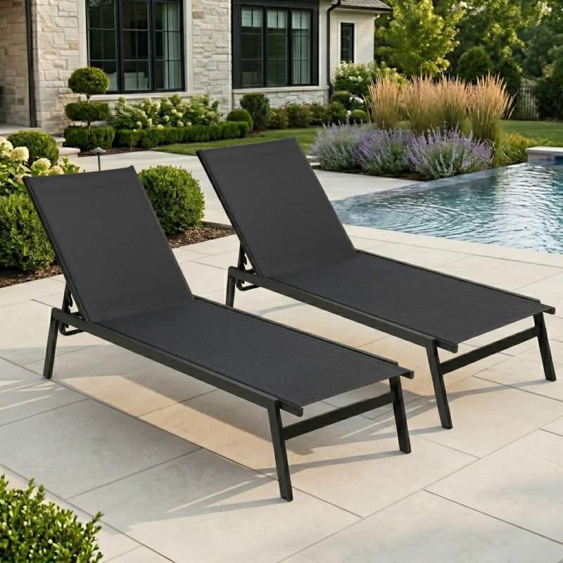 Ensemble de chaise longue empilable et inclinable en métal, Noir / Noir