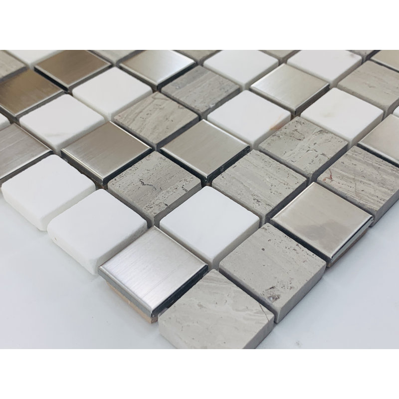 1" x 1" Mixed Material Mosaic Tile, Gray/White