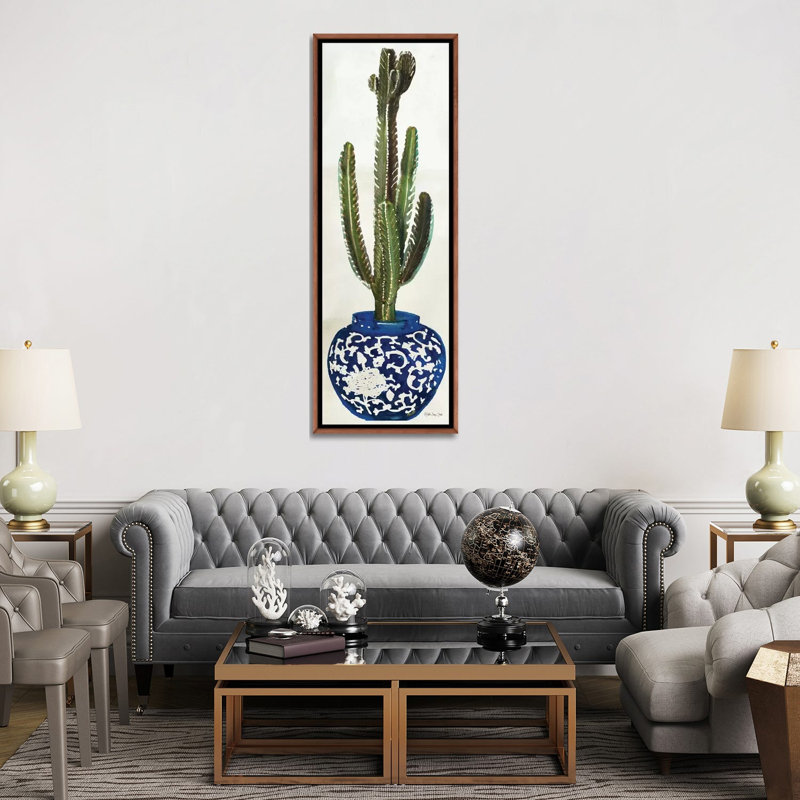 «Cacti in Blue Pot II», impression panoramique sur toile, H 72 po x l 24 po x P 1,5 po, Toile classique avec cadre brun