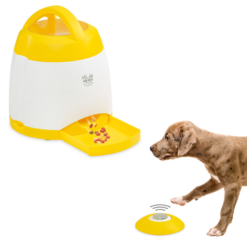 Yellow and White Dog Treat Dispenser with Remote Button