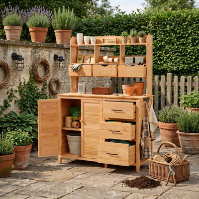 Banc de rempotage extérieur avec 6 tiroirs, huche supérieure, crochets latéraux et comptoir de poste de travail de jardin