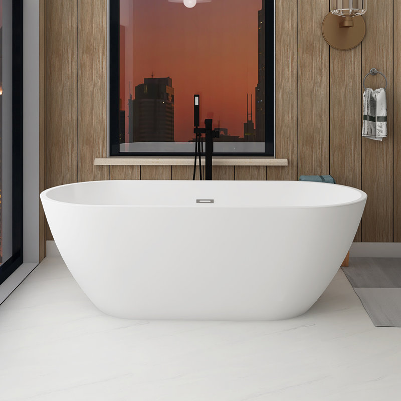 59" Freestanding Soaking Acrylic Bathtub In Gloss White