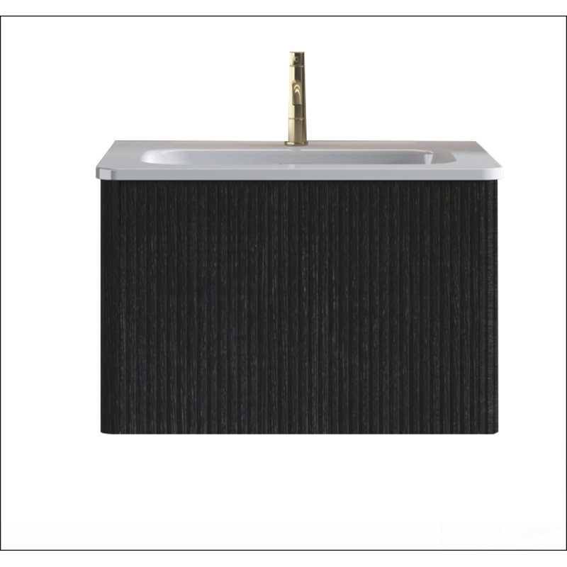 Meuble-lavabo flottant rayé en chêne noir brossé de 24 po avec lavabo en céramique blanche, meuble-lavabo une pièce sans drain, pré-assemblé