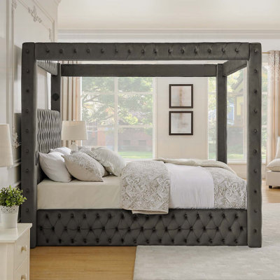 Queen Size Canopy Bed Frame with Velvet Upholstered Headboard, Bluetooth Speaker, and USB Charging Ports, Gray