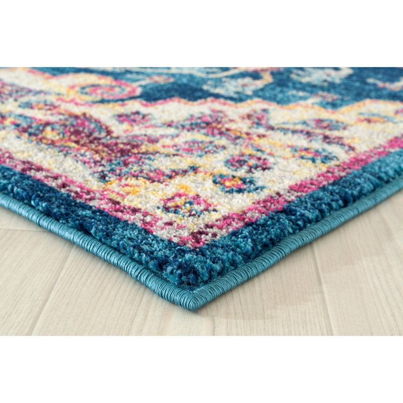 Tapis bleu à motif médaillon, Tapis de couloir 2 pi 7 po x 7 pi 2 po