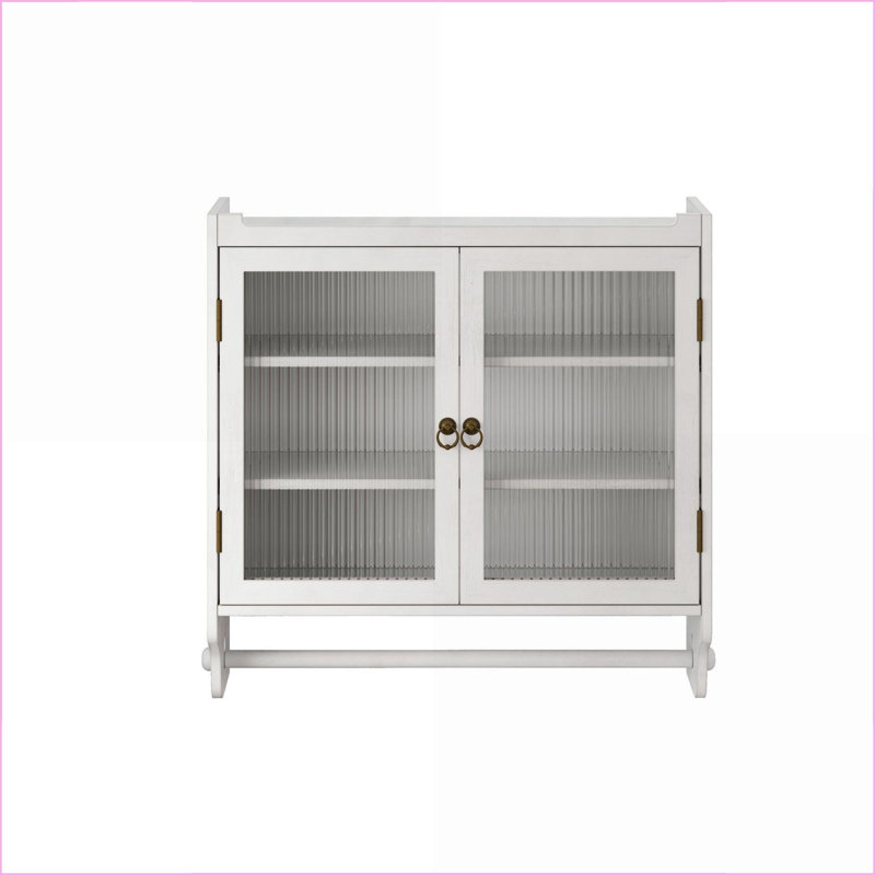 Cabinets, Vintage White Washed Solid Wood Glass Door Wall Mount | 24.8” Double Door | 3-Tier Storage + Towel Rack | White | Bathroom
