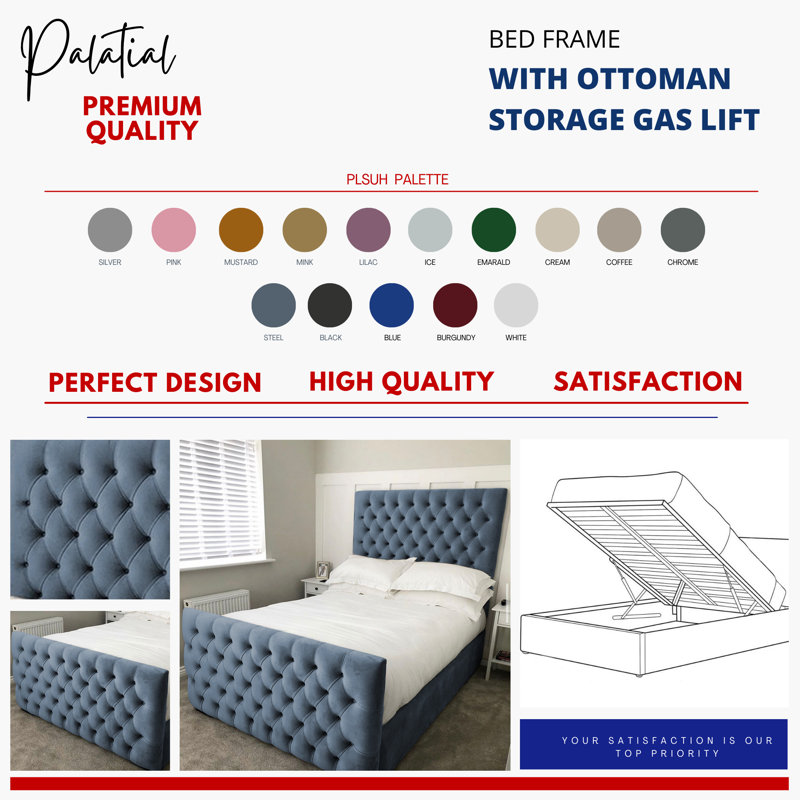 Aleisha Chesterfield Upholstered Ottoman Storage Bed - Button-Tufted Velvet Gas Lift Bed Frame, Small Double (4'), Steel