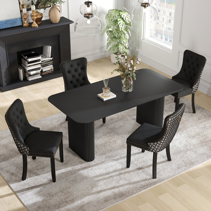 Ensemble de salle à manger rectangulaire à double piédestal avec table de salle à manger de style crème, 5