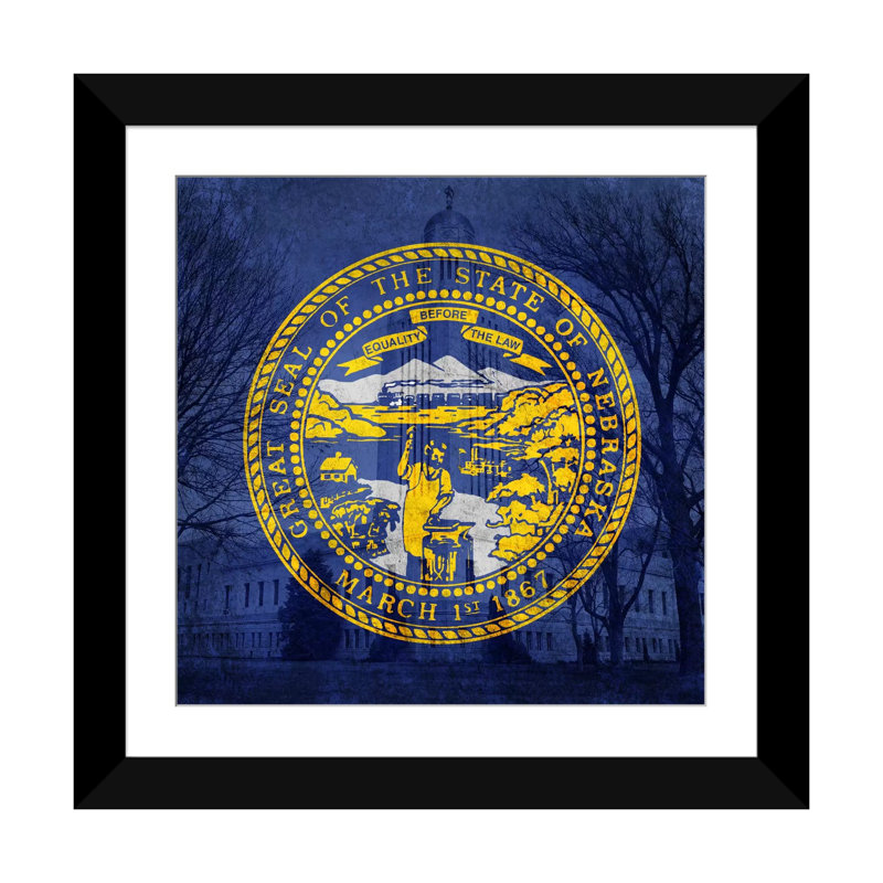 «Flags Nebraska Capitol Building», impression sur toile, Papier beaux-arts encadré noir, Blanc, H 24 po x l 24 po x P 1 po