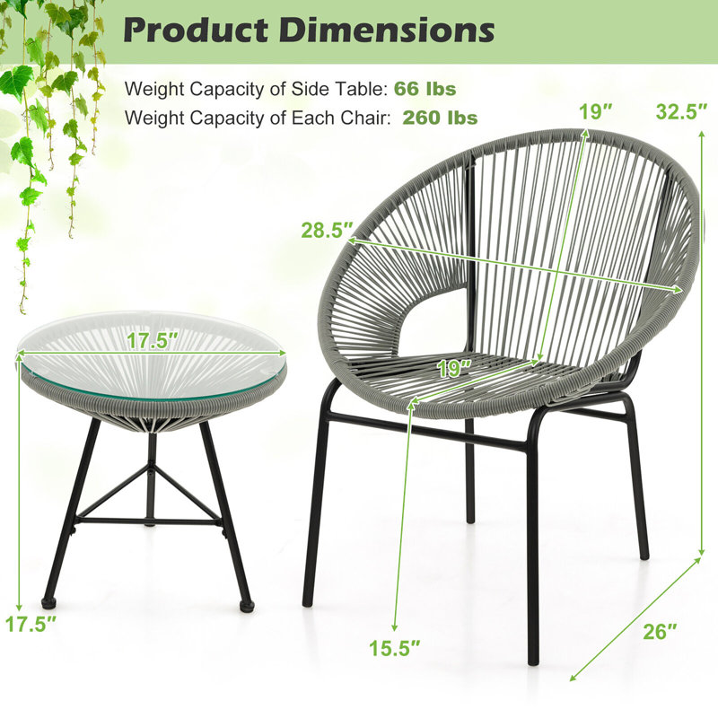 Corrigan Studio 3 Pieces Acapulco Chair Set Wicker Conversation Bistro Set w/ Tempered Glass Table