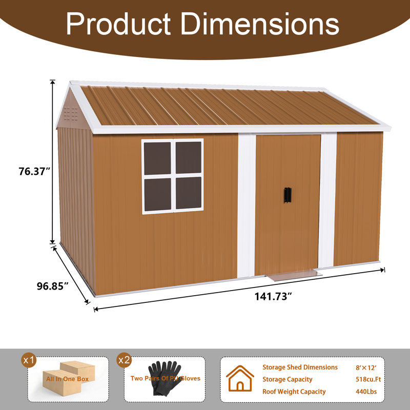 Remise de rangement en métal robuste avec porte coulissante et fenêtres Roomfitter 12 x 8 pi, brun, Marron clair