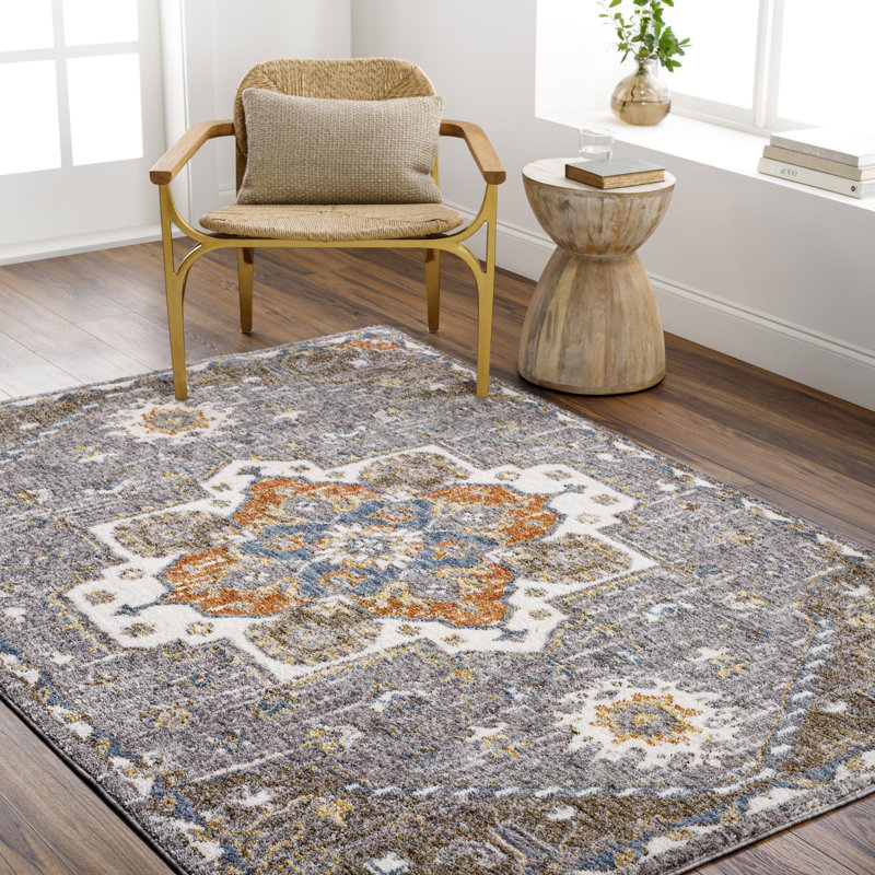 Rectangle Oriental Machine Woven Polyester Area Rug in Orange, Rectangle 5'3" x 7'