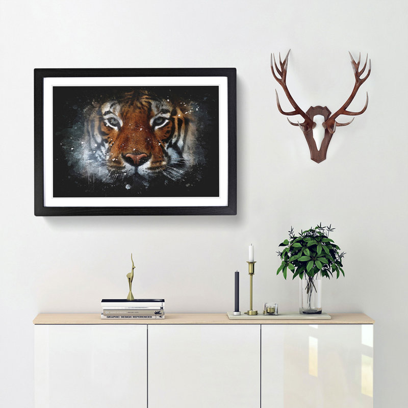 Tiger in the Blue - Picture Frame Graphic Art Print, 24cm H x 33cm W x 2cm D, Black Framed