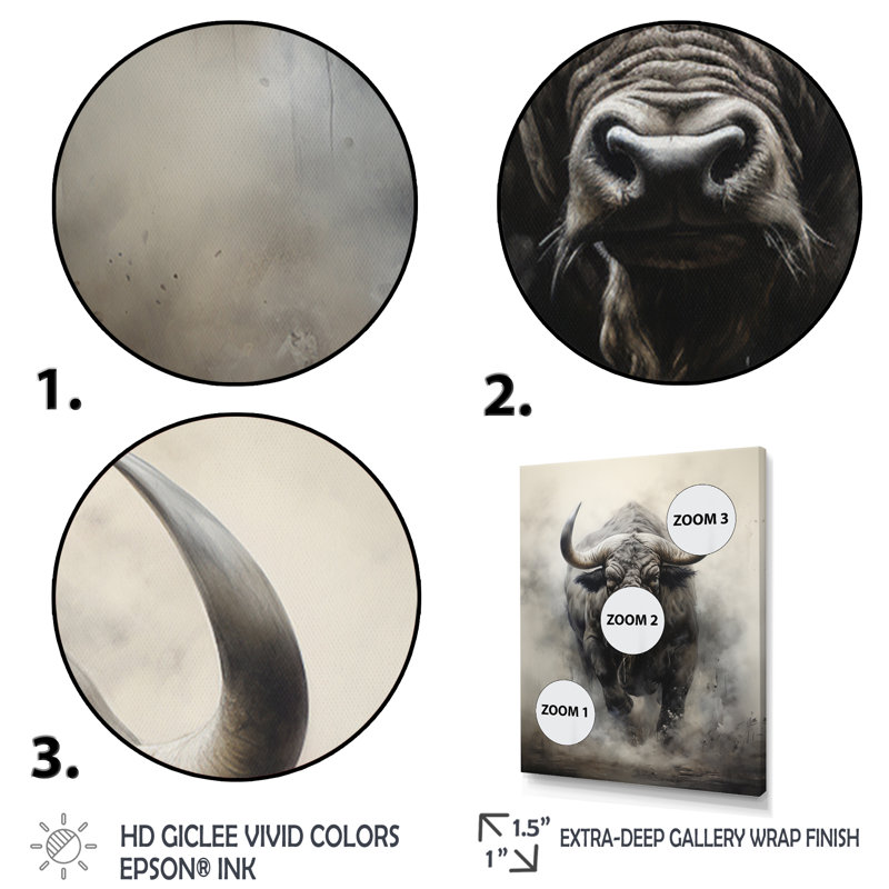 Buffalos africain force - décoration murale africaine, H 44 po x l 34 po x P 1,5 po, Cadre flottant blanc