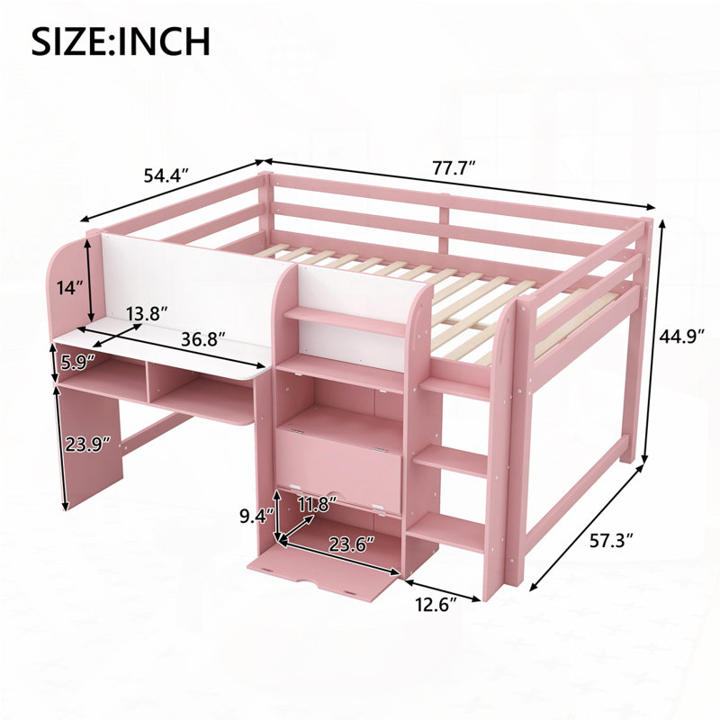 Bed with Built-in Desk,Storage Cabinets and Open Bookcase, Pink