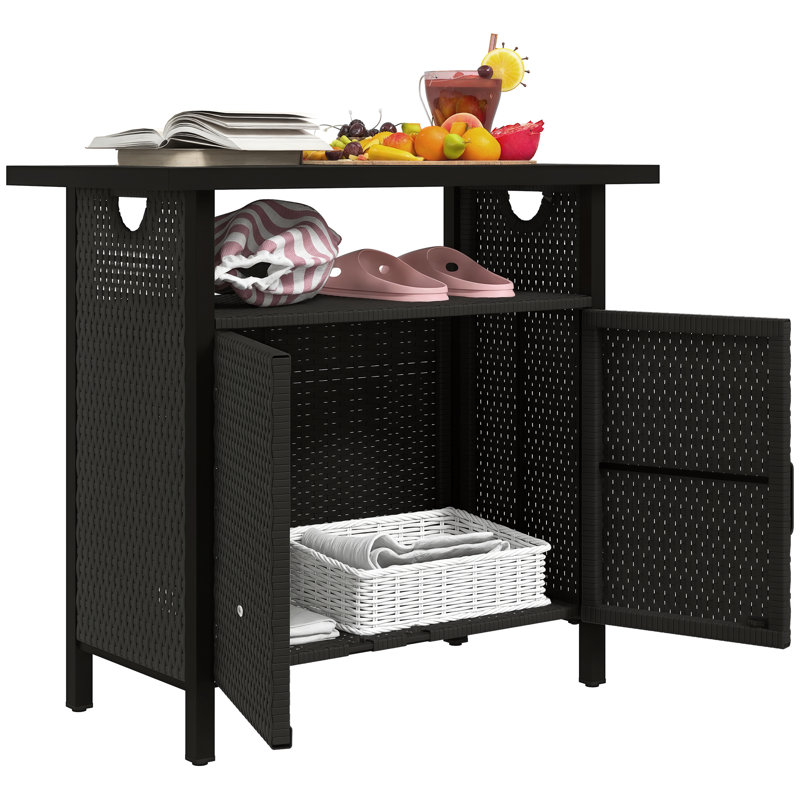 Outdoor Pool Towel Storage Cabinet Organizer, Pool Towel Holder with Shelf and Cabinet, Pool Valet with Weather-Resistant PE Rattan and Steel Frame