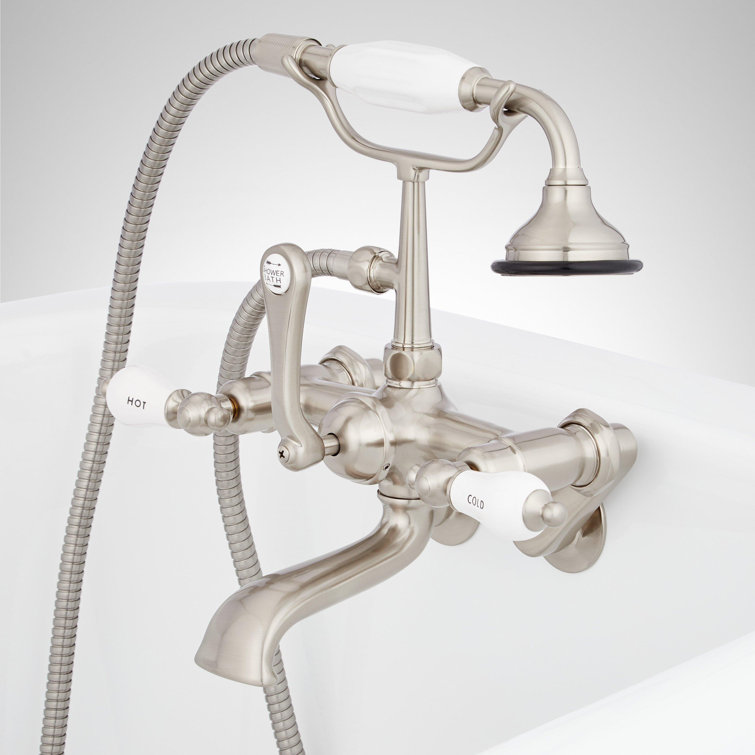 Tub Wall-Mount Telephone Faucet with Hand Shower with Porcelain Lever Handles
