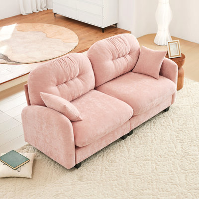 Loveseat Cloud Sectional Couches Chenille Fabric,Quilted Pleated Design, Ergonomic Design,High-Density Foam Easy Install Elegant Armrests High Quality Wooden Base,Fits Living Rooms,Pink