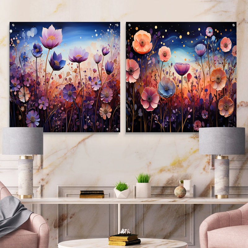 «Blue Enchanted Gardens I» - ensemble de 2 verres muraux abstraits en acrylique, H 36 po x l 73 po