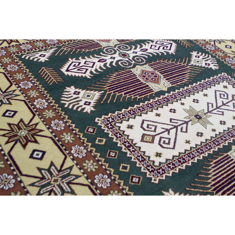 Kazak Wool Oriental Area Rug in Green/Maroon/Brown/White, Rectangle 3'11" x 5'9"