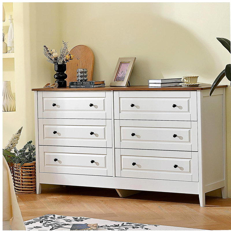 Commode blanche pour chambre à coucher, commode 6 tiroirs avec tiroir large et poignées en métal, commode blanche, commodes en bois et commodes pour couloir, entrée.