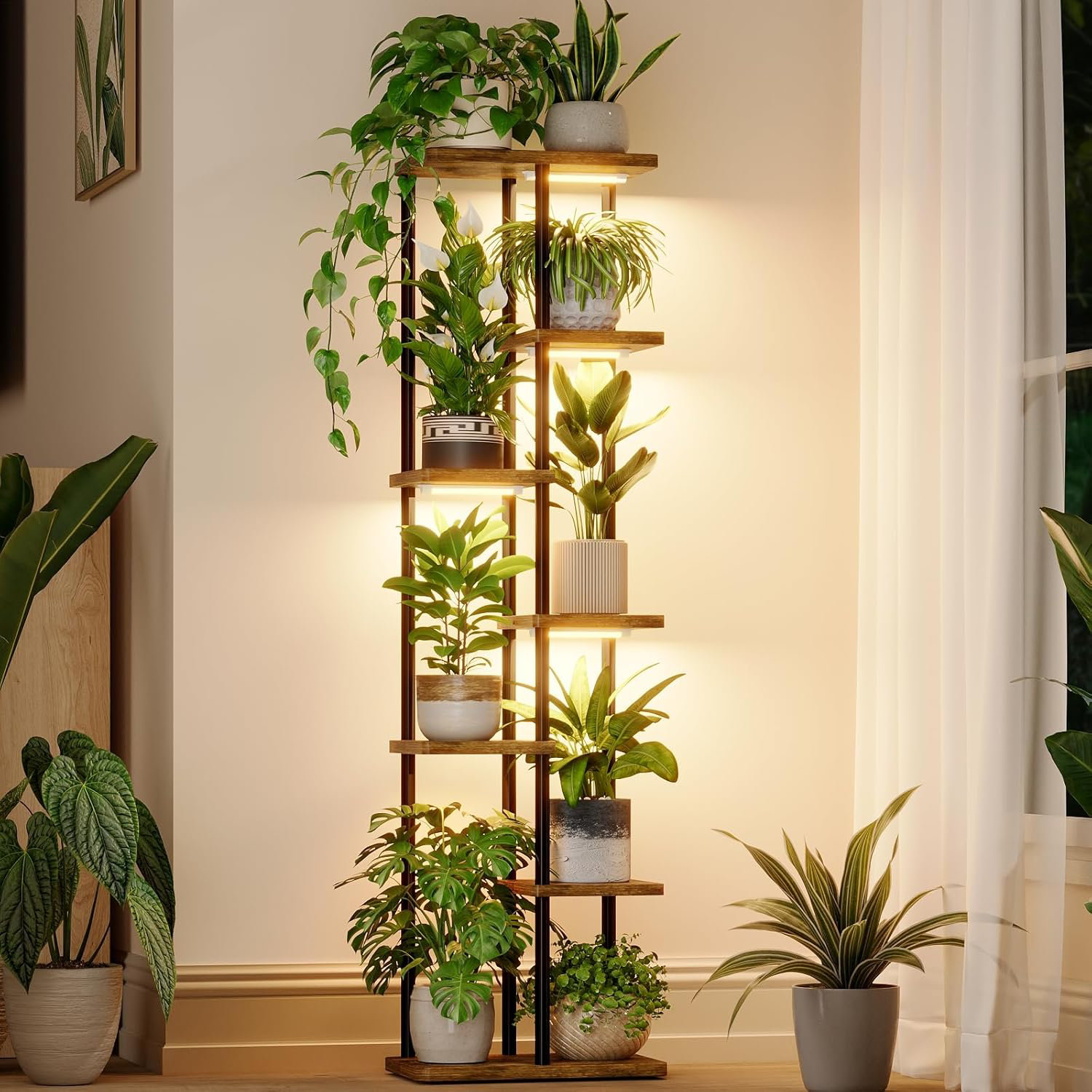 Bamworld seven-tier corner plant stand with integrated grow lights displayed with plants in a furnished living room