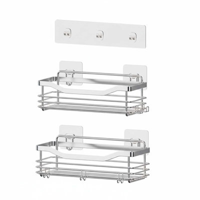 2-Pack Rustproof Stainless Steel Adhesive Shower Caddy with 5 Hooks No Drilling Wall Mounted for Bathroom Toilet Kitchen