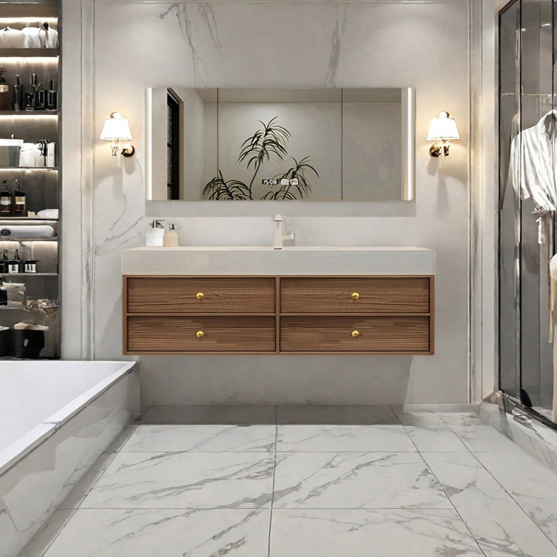 Middle ancient style intelligent bathroom cabinet, H 21,65 po x l 62,99 po x P 21,65 po, Burlywood