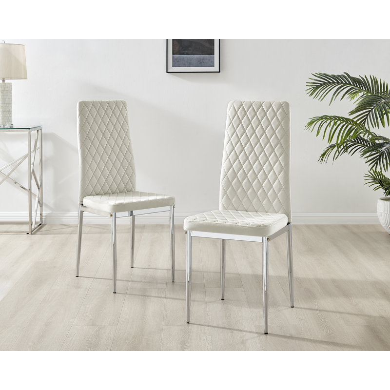 Keensburg Luxury Velvet Modern Tall Back Dining Chairs with Metal Legs & Diamond Stitching, Silver, Cream
