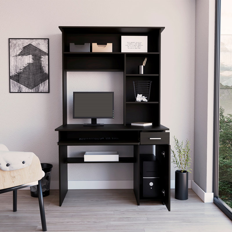 Compu 180 Hutch Desk, Multiple Shelves, Retractable Keyboard Tray, CPU Door Panel, One Drawer, Black