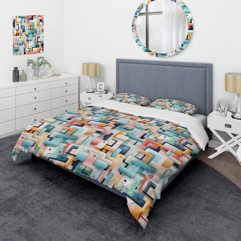 Ensemble de housse de couette géométrique vert et rose Gridlock I, Housse de couette pour grand lit et 2 taies décor