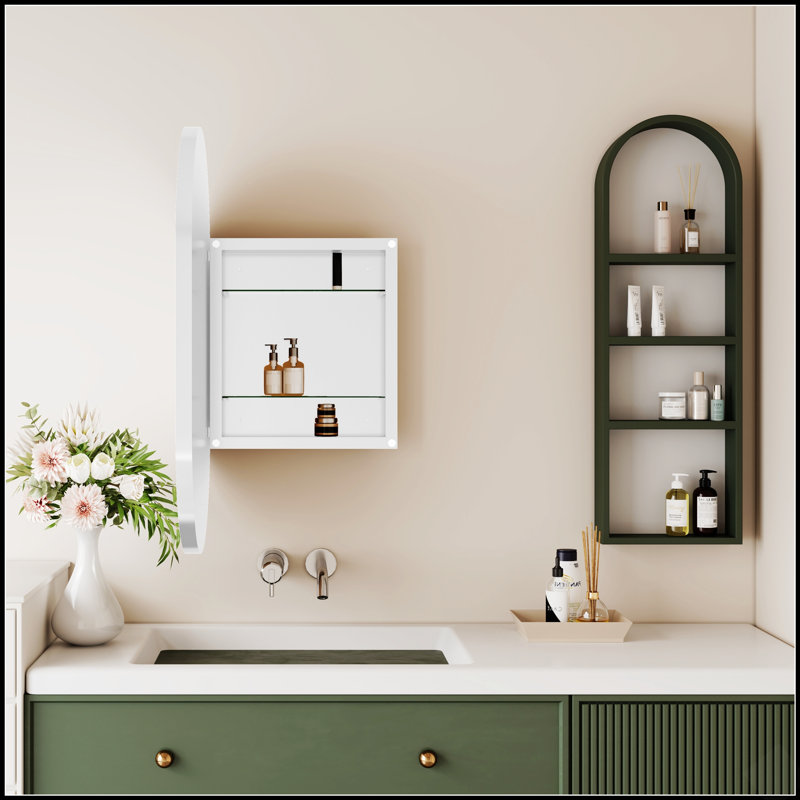 Pharmacie encastrable ovale 20 po x 34 po avec structure en métal, tablettes réglables et miroir de haute qualité pour les salles de bain modernes